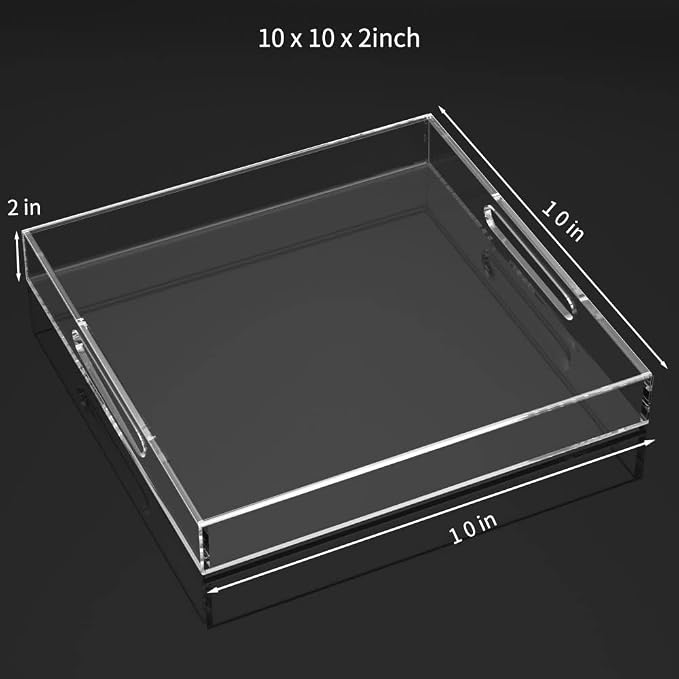 NIUBEE Acrylic Serving Tray 10x10 Inches -Spill Proof- Clear Decorative Tray Organiser for Ottoman Coffee Table Countertop with Handles | Spill-Proof tray for Coffee Table, Ottoman | Decorative Tray for Breakfast in Bed, Drink Serving & Home Organization