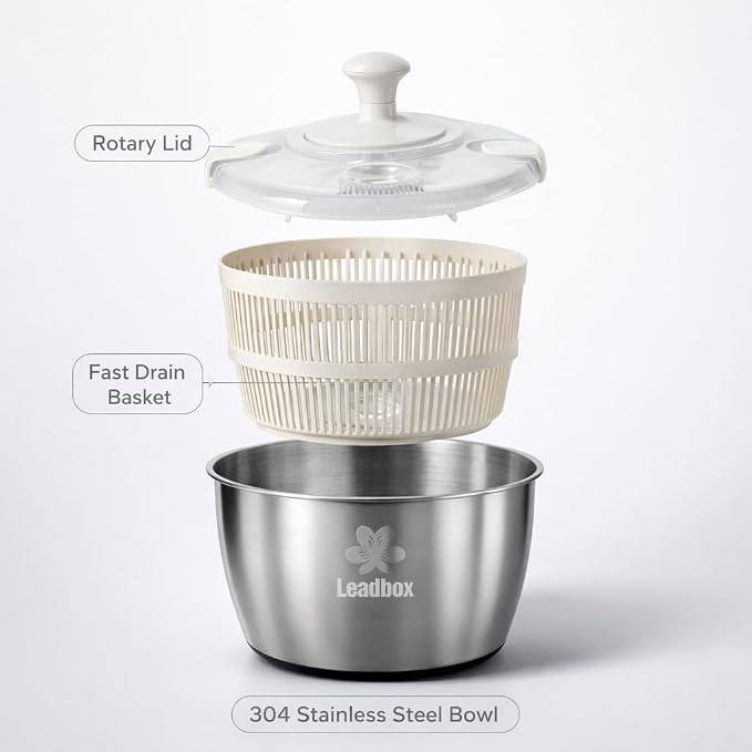 Stainless Steel Salad Spinner, 6L Heavy-Duty Lettuce Dryer with Smooth Spin Handle, Large Vegetable Washer & Fruit Rinse Bowl, Non-Slip Base