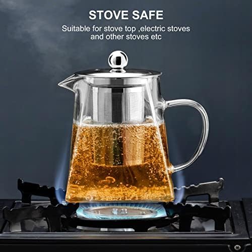 PARACITY Clear Glass Teapot with Infuser, Square 18.6oz Stovetop Tea Kettle | Borosilicate glass spans -68°F to 302°F; 18/8 stainless steel strainer makes it a tea maker for loose leaf and blooming tea