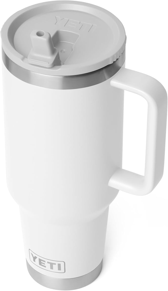 YETI Rambler 40 oz Travel Mug with Flip Straw Lid – Stainless Steel, Vacuum Insulated, Leakproof, Cup Holder Friendly, White