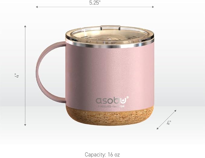 asobu Infinite Stainless Steel Insulated Coffee Mug with Inner Ceramic Coating and Cork Coaster 16 Ounce (Powdered Pink)