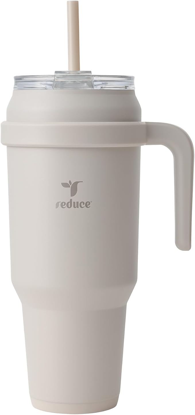 REDUCE Reusable 50 oz Cold1 Water Tumbler – Ergonomic Handle – Double-Wall Insulation – Sturdy Desktop/Tabletop Mug with Lid and Straw – BPA-Free – Stainless Steel for Gym, Home, Office – Casa Blanca
