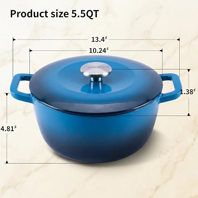 5.5QT Enameled Cast Iron Dutch Oven,Concave Self-Basting Lid,Blue | Versatile,heavy-duty Large Dutch oven,PFAS-free,oven safe to 500°F,sourdough,braising/stews/roasting,Housewarming Gift