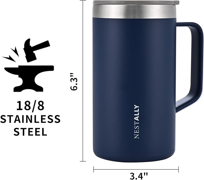 NESTALLY Cozy 20oz Insulated Coffee Mug with Handle & Lid, Navy Blue | Stainless Steel Double Wall Vacuum Travel Mug for Hot & Cold Drinks, Reusable Coffee Tumbler, Non-Slip Base, BPA-Free