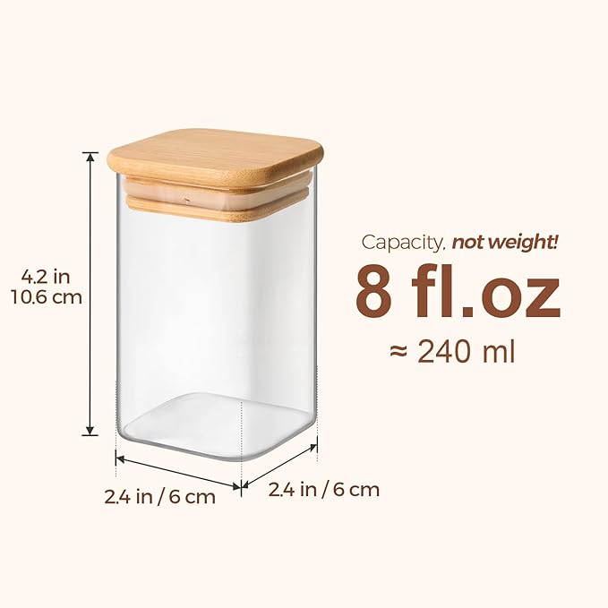 ComSaf Glass Spice Jars with Labels 8 oz 12 Pack Square Bamboo Lids | Empty Containers, Seasoning Herbs Powders, Salt Pepper Chili, Spice Rack Organization, Kitchen Cabinet Storage, Dry Goods