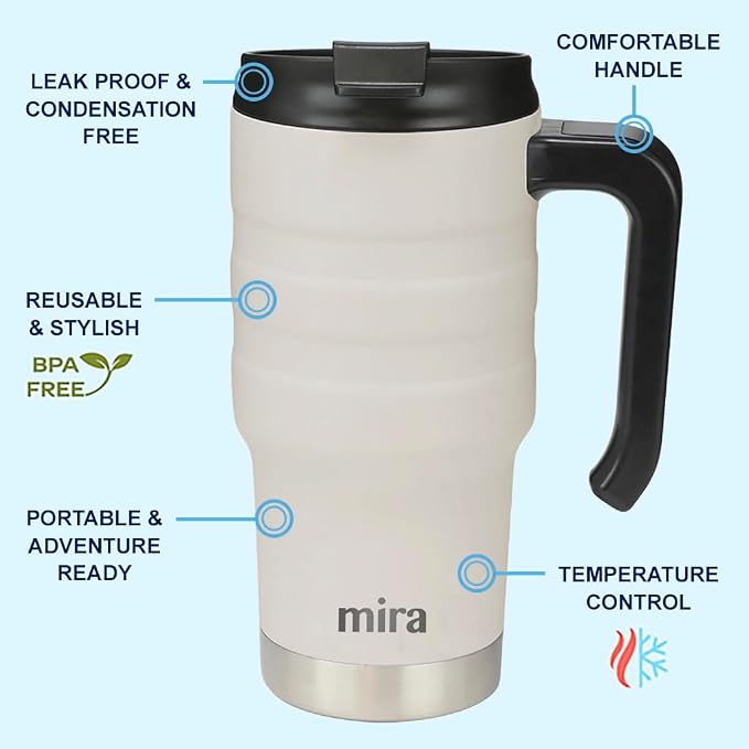 MIRA 20 oz Insulated Travel Mug - Stainless Steel Coffee Cup with Spill-Proof Flip Lid & Handle - Hot/Cold Car Tumbler - Sand