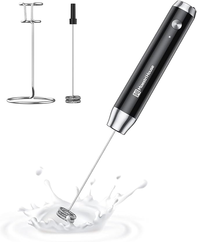 Maestri House LunaFro Rechargeable Milk Frother,Stand & 2 Detachable Whisks | 8000RPM Turbo Motor, 1200mAh lithium battery, Handheld Milk Frother for Lattes, Cappuccino, Matcha & Powdered Supplements