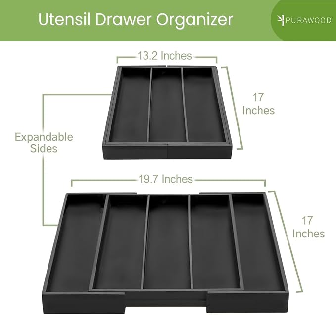 Purawood Kitchen Drawer Organizer - Expandable Utensil Organizer for Kitchen, Cutlery Tray & Silverware Organizer, 3-5 Slots - Bamboo Drawer Organizer for Utensils & Flatware (Black)