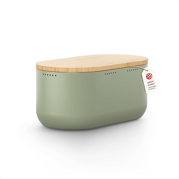 LARS NYSØM Bread Box I Metal bread box for long lasting freshness with non-slip pads I Baked goods Bin with bamboo lid usable as cutting board I 13.6x7.3x6.2in (Sage Green)