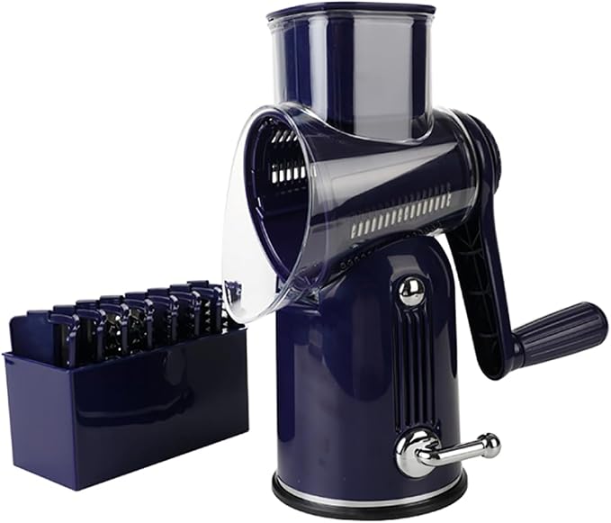 Rotary Cheese Grater with Handle, Vegetable Chopper Quick Chop Blades, Compact Design for Home and Professional Kitchens Meal Prep Tool, Kitchen Gadget 5-in-1 with Blade Storage Box (Purple)