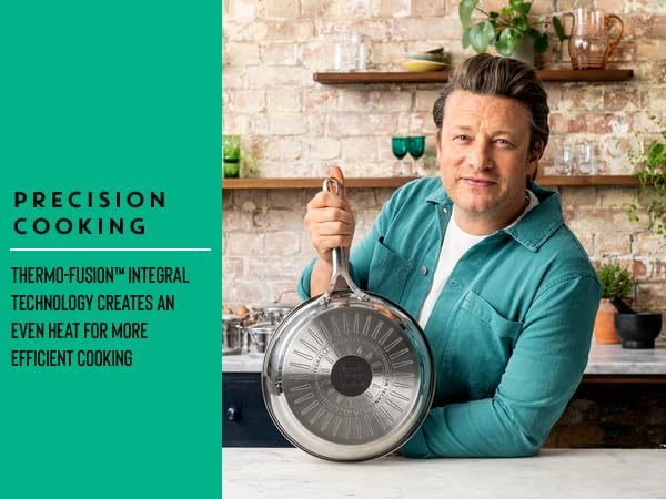 T-Fal Jamie Oliver Cooks Smart Stainless Steel Skillet Frying Pan, 9.5 in | Stainless steel interior, Induction compatible, Oven safe to 500°F, Dishwasher safe, 90% recycled steel body