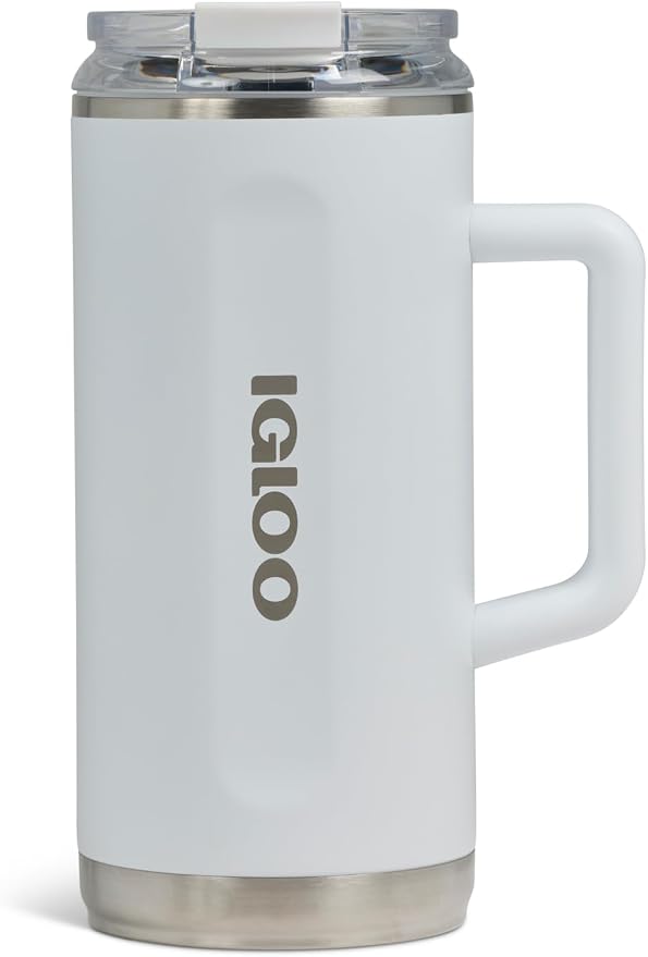 Igloo, 36 oz Tumbler with Handle, Reusable Travel Mug, Stainless Steel Insulated Hydration Cup for Hot & Cold Beverages, White