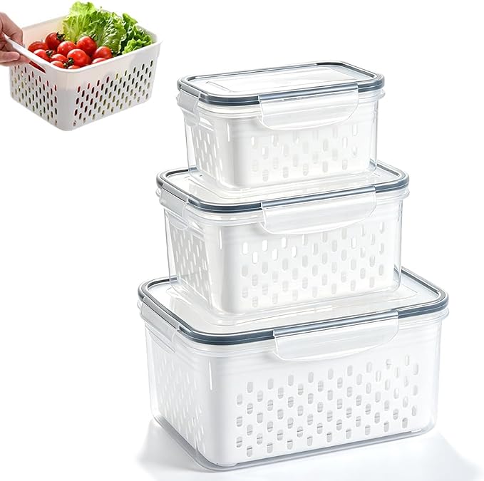 Fruit Storage Containers for Fridge, Leakproof Produce Containers with Colanders & Lids, Refrigerator Organizers and Storage for Berry Vegetable Salad Lettuce Meat Food, Gray, S+M+L