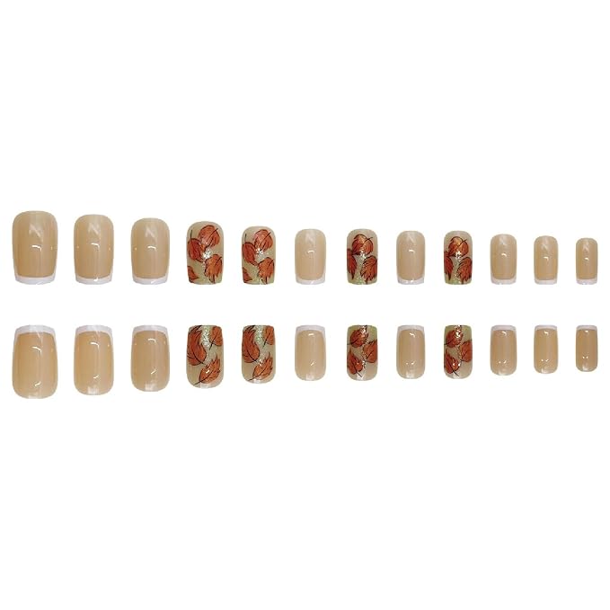 24 Pcs Fall Press on Nails Medium Square Fake Nails with French Tip Glitter Maple Leaves Designs Nails Press ons Orange White Acrylic Nails Autumn Stick on Nails for Women