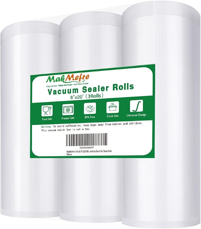 MakMeFre 3Pack Vacuum Sealer Bags Rolls 8"x20' for Food Storage | BPA Free Food Grade,Commercial Grade,Customized Size,Heavy Duty Food Sealer Bags Rolls,Great for Sous Vide Vacuum Sealer