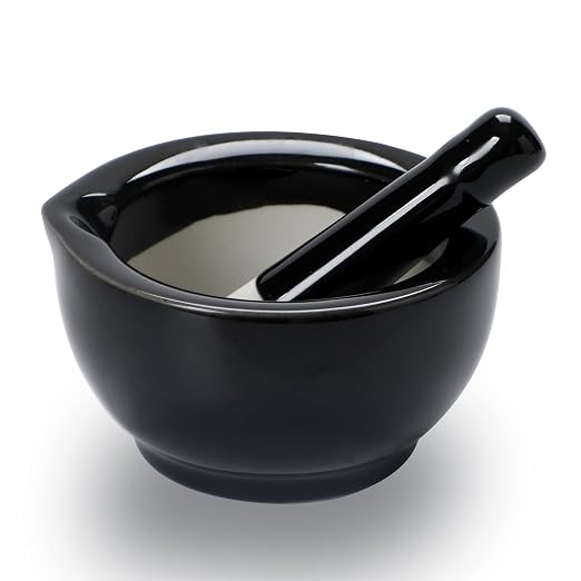 Mortar and Pestle Set (3.2 Inch-Black) | Ceramic stoneware, sturdy, multi-purpose, spice/herb/pill, easy-clean, non-slip, comfy, dishwasher-safe, compact, elegant