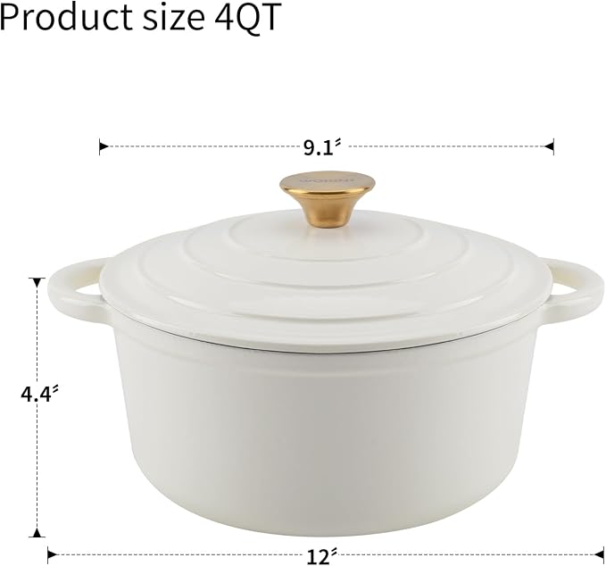 4-QT Enameled Cast Iron Round Dutch Oven With Lid,Oven safe,Cream | Small Dutch Oven,cream/gold-tone knob,500°F,sourdough,braising/stews/roasting，Kitchen Gift for Cooking Lovers