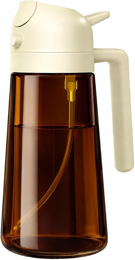 Oil Sprayer for Cooking, 2 in 1 Olive Oil Dispenser, Bottle for Kitchen, 16oz/470ml Premium Dark Green Glass Oil Bottle, Oil Sprayer for Air Fryer, Salad, Frying, BBQ. (Black) (Brown)