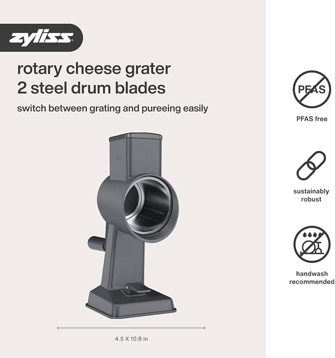 Zyliss Rotary Cheese Grater - Includes Universal & Gourmet Drums for Grating Cheese, Vegetables, Chocolates, Nuts & Fruits - Includes Non-Slip Suction Foot and Table Clamp - 2 Steel Drums