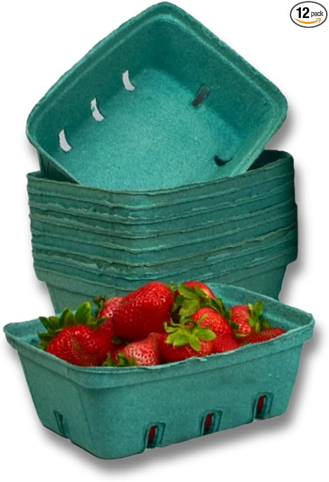 12 Pack Green Molded Pulp Fiber Berry/Produce 1.5 Quart Basket - Large Berry Basket