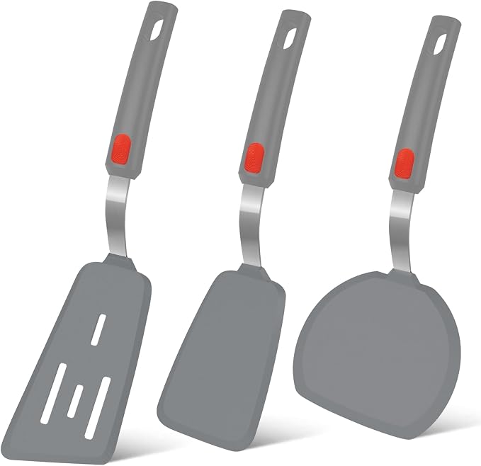 Beijiyi Silicone Spatula Turner Set of 3, 600°F Heat Resistant (Gray) | Flexible Spatulas for Nonstick Cookware, Cooking, Flipping, Egg & Pancake, BPA Free Kitchen Utensils, Dishwasher Safe