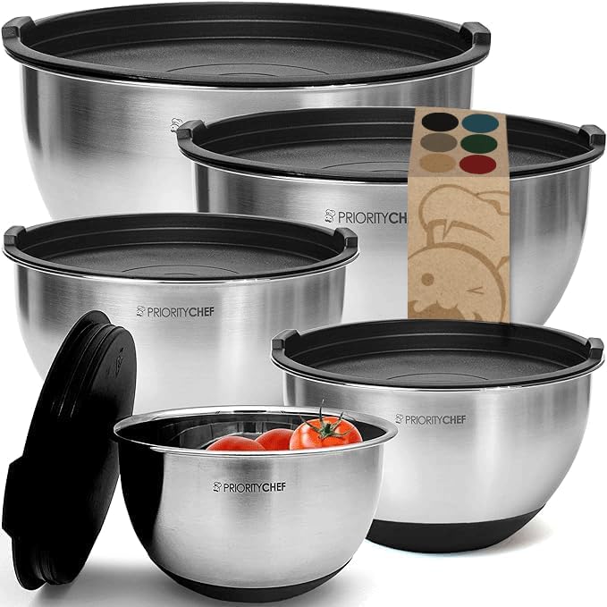 Premium Mixing Bowls With Lids Set, Airtight Lids, Thicker Stainless Steel, Non-Slip Base, 5 Nesting Steel Bowls for Kitchen, Large Prep Metal Bowl Set 1.5/2/3/4/5 Qt, Black