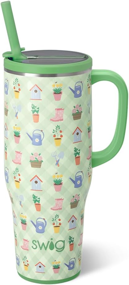 Swig Life 40oz Leakproof Mega Mug with Handle & Straw, Green Thumb | Leakproof Lid - Triple Insulated Stainless Steel - Handle & Straw Included - Cup Holder Friendly - Dishwasher Safe