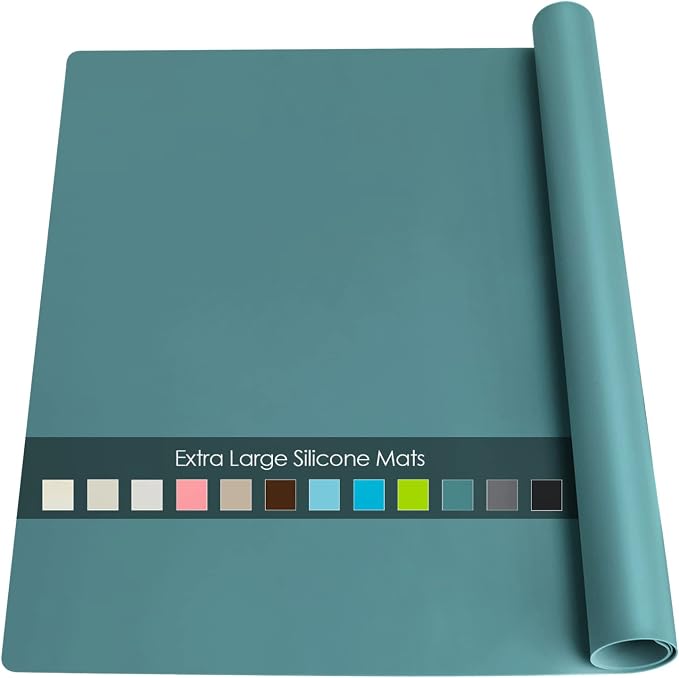 Extra Large Dark Green Countertop Mat - Silicone Table Kitchen Desk Mat - Non-Slip & Heat Resistant - Dinner Placemat Pastry Dough Rolling Mat