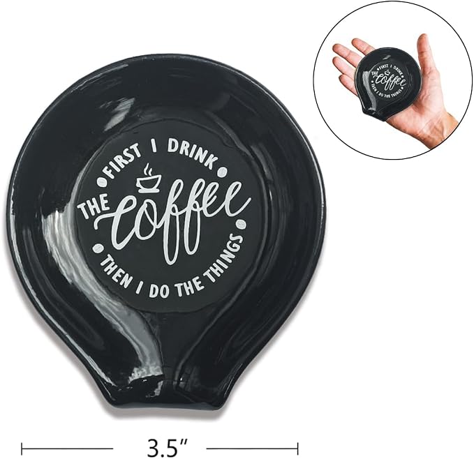Littlefa Black Coffee Spoon Rest Holder-Coffee Bar Accessories | Funny Ceramic Coffee Spoon Rest for Coffee Bar Accessories Essentials, Coffee Lovers Gifts, But First I Drink Sign