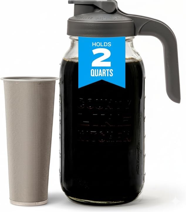 County Line Kitchen 64oz Cold Brew Coffee Maker with Leak Proof Lid - Gray | Glass Cold Brew Coffee Maker - Wide Mouth Mason Jar, Stainless Steel Filter & Leak-Proof Lid (64 oz)