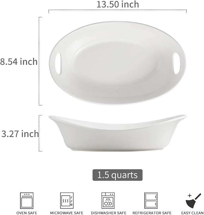YHOSSEUN Large Serving Bowl with Handles, Oval Serving Platter Set of 2 | Thanksgiving Serving Dishes for Entertaining, Ceramic Salad Bowls Set, 1.5 Quarts, White, Microwave Dishwasher Oven Safe