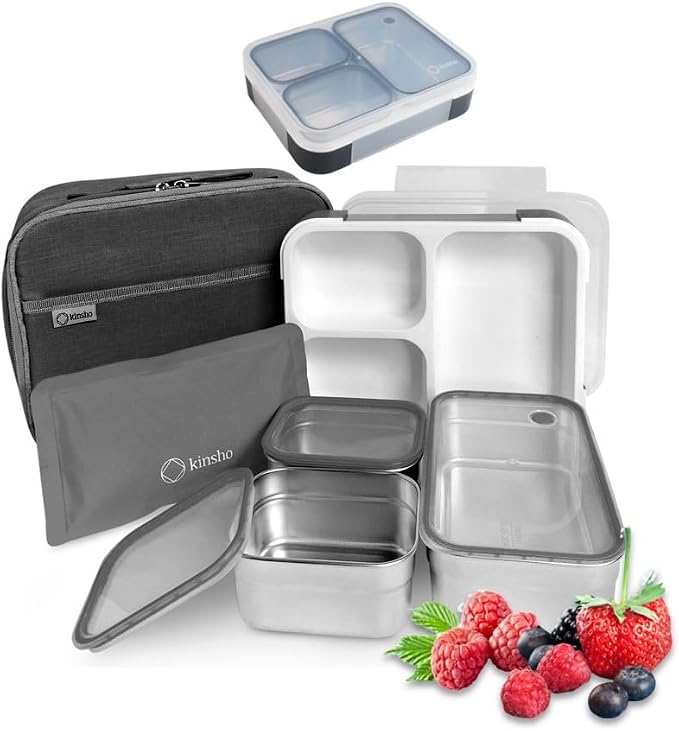 Stainless Steel Bento Lunch Box Set For Adults, Kids - Insulated Bag And Ice Pack - Large Leak-Proof Metal Compartment Meal Prep Food & Snack Containers For Work Travel School, 42 Oz Grey Black