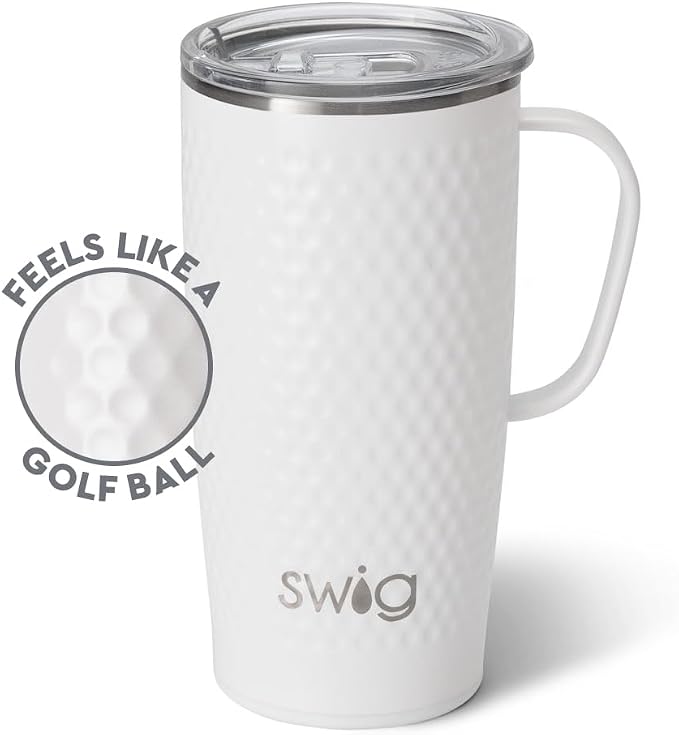 Swig Life 22oz Insulated Travel Mug with Handle & Lid, Golf Ball | Triple Insulated Stainless Steel - Handle & Lid Included - Keeps Coffee Hot or Cold - Cup Holder Friendly