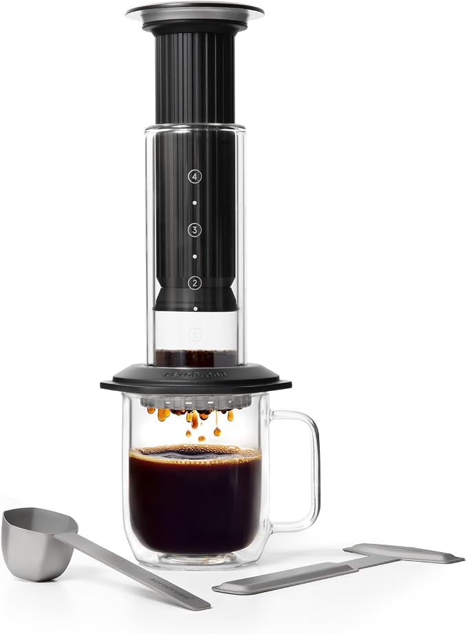 AeroPress Premium Coffee Press, Glass, Stainless Steel & Aluminum, Black | Glass, Stainless Steel & Aluminum, All-in-One French Press, Pour-Over & Espresso Style, Manual Brewer