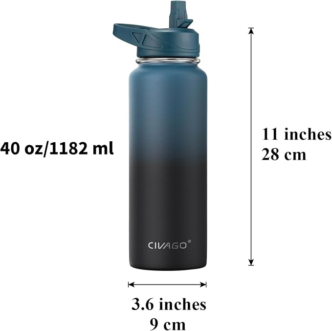 CIVAGO 40 oz Insulated Stainless Steel Water Bottle With Straw and 3 Lids | Large Metal Sports Water Jug, Leakproof Reusable Wide Mouth Thermal Flask Cup with Silicone Boot, BPA-Free, Lavender