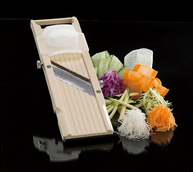 Benriner Mandoline Slicer with 4 Blades, Japanese Stainless Steel, BPA Free, 12.75 x 3.625-Inches, Beige