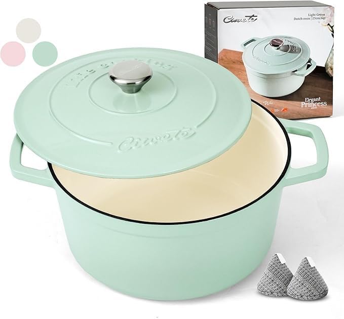 6 QT Dutch Oven Pot with Lid, Enameled Cast Iron Dutch Oven for Bread Making, Braiser, Cooking, Dual Handles, Oven Safe up to 500° F or on Stovetop, Gifts for Family - Mint Green