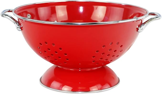 Reston Lloyd, 3 Quart Powder Coated Steel Kitchen Strainer Basket for draining Pasta, Vegetable and Fruit, Chrome Handles and Wide Stable Base, Red