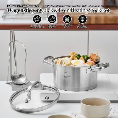 WAGENSTEIGER 2.82 Quart Stainless Steel Stock Pot, 3-Ply Construction with Aluminum Core, Tempered Glass Lid, Compatible with All Cooktops BPA free(7.68" Diameter)
