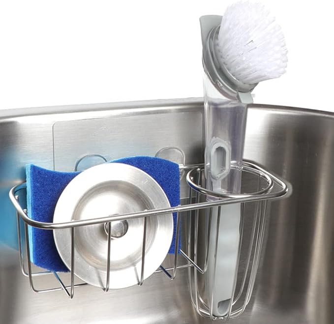 HULISEN Kitchen Sponge Holder, Stainless Steel Sink Caddy with Brush Holder | No-Drill Setup, In-Sink Adhesive Mount, Open Grid Drainage, Sink Strainer, Soap and Scrubber Storage, Rust-Resistant
