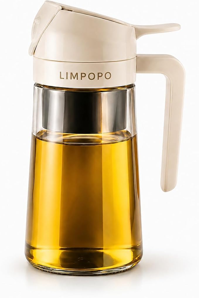 LIMPOPO Oil Sprayer for Cooking 16oz/470ml, Glass Olive Oil Dispenser Bottle, 2-in-1 Spray Mist & Stream Container for Air Fryer, Salad, BBQ, Baking & Grilling (White)