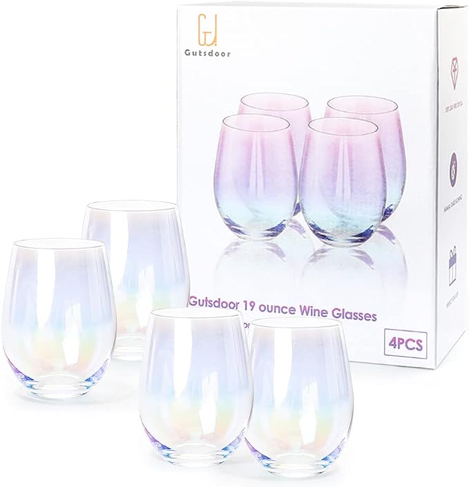 Gutsdoor Wine Glasses Large Stemless Wine Glasses 18.9 Ounce Set of 4 Iridescent Glasses All-Purpose Drinking Wine Beverage Glasses for Red White Wine, Water, Beer, Juice, Whiskey & Bar Decor