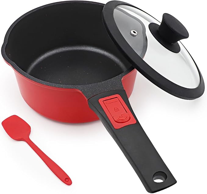 2 Qt Saucepan with Lid, Non Stick Sauce Pan with Lid, Milk Pot & Sauce Pot & Small Saucepan with Pour Spout, Detachable Handle Milk Pan, Mini Cooking Pot Induction Compatible, Oven Safe | Milk pan with removable handle. Suitable for all types of cooker...