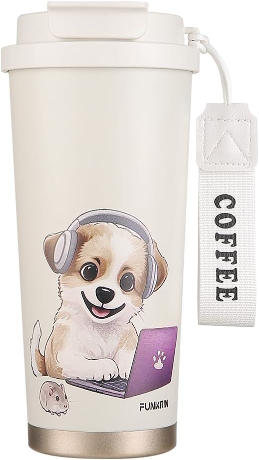 Funkrin Coffee Travel Mug with Flip Lid, 16oz Insulated Tumbler Cup with Ceramic Coating, Double Wall Vacuum Leak-Proof Tumbler for Office School Party Camping