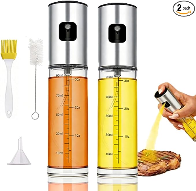 2 Pack Olive Oil Sprayer for Cooking (100ml x 2), Glass Olive Oil Spray Bottle with Scale, Stainless Steel Top Oil Mister for Air Fryer, Salad, BBQ, Frying, Baking -Kitchen Oil Sprayer