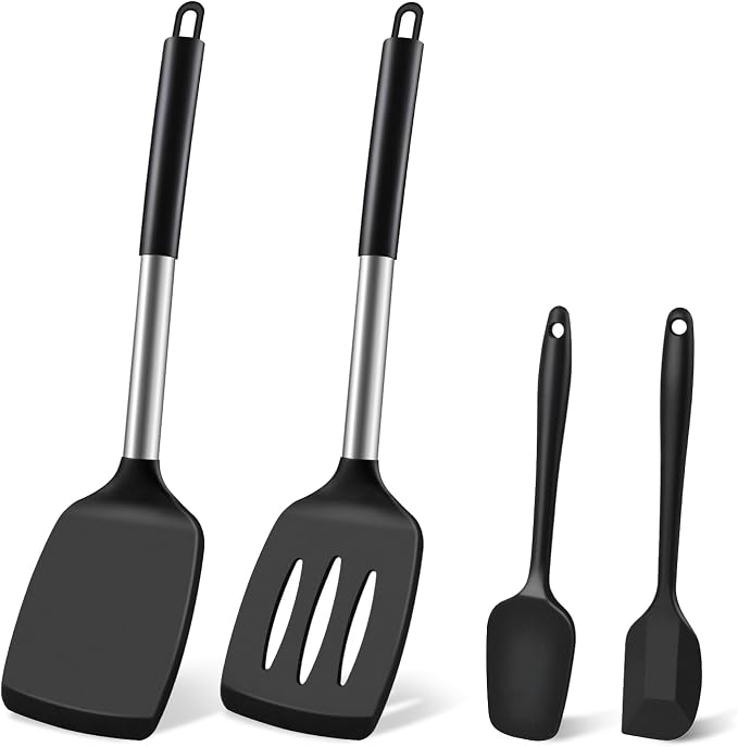 Silicone Spatula Set, Heat Resistant Solid & Slotted Turner for Non-Stick Pans, BPA-Free Silicone Cooking Utensils, Flexible Spatula for Flipping Eggs, Burgers, Pancakes, Fish, Black, 4 PCS-A