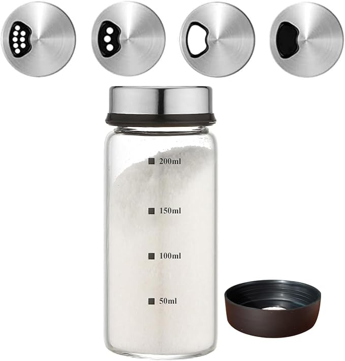 Verdental 7 oz Salt Pepper Shakers with 3 Adjustable Outlet Holes | Glass Spices Jar, Sugar Seasoning Cans for Kitchen, Restaurant, Baking, Dessert and Coffee Shops, BBQ Camping
