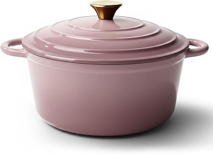 Vintage Style 4.5 Quart Dutch Oven Pot with Lid, Non Stick Enameled Cast Iron Dutch Oven for Bread Baking, Heavy-Duty, Oven Safe Ceramic Cookware Up to 500°F for Baking, Braising, Stews, Roasting, Pink