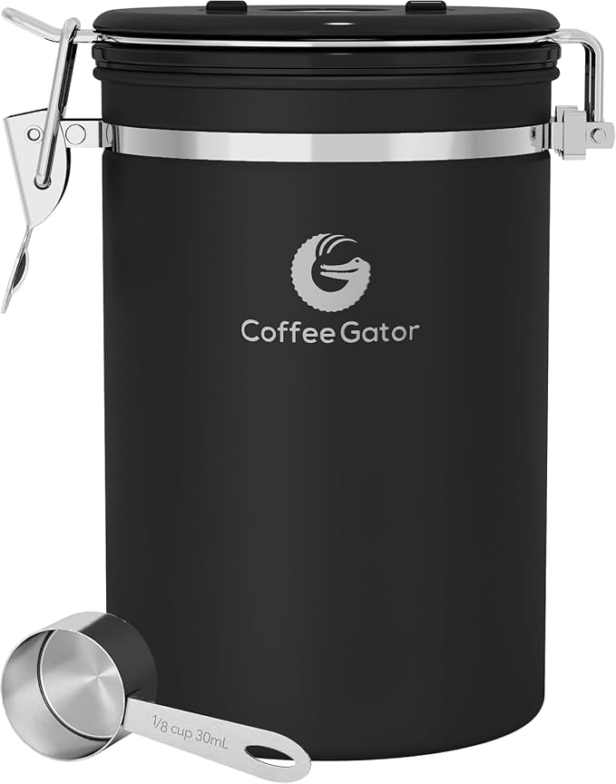 Coffee Gator Coffee Canister, 22oz Airtight Stainless Steel Container | w/ Date Tracker, Scoop, Valve, Kitchen Food Storage Jars for Beans, Ground, Rice, Tea, Sugar, Cookie, Bar Accessories, Black