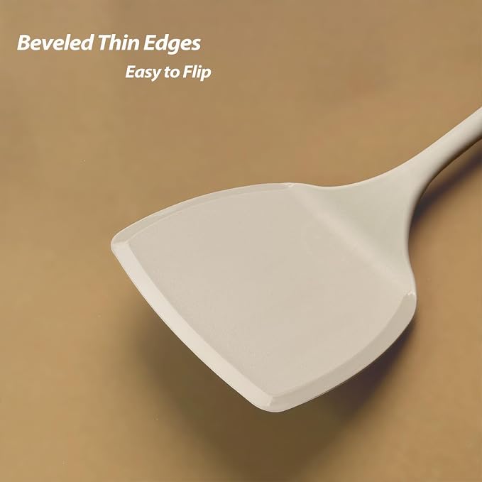 Silicone Pancake Spatula Turner with Lengthened Handle& Seamless Design, Heat Resistant Cooking Spatulas for Nonstick Cookware, Large Flexible Kitchen Utensils, Flipper for Egg, Pancake, Burger, Khaki